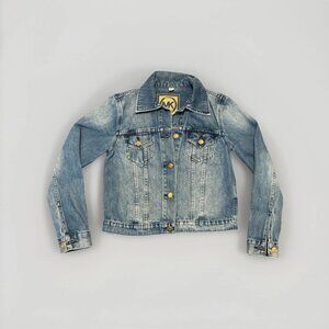 EUC Michael Kors Womens Cropped Blue Denim Jean Jacket Gold MK Button Size Small